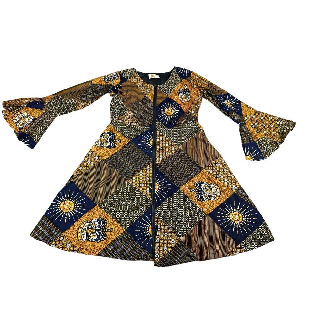 NWT Lola's‎ African Apparel Women's Jacket Dress Blue Gold Size Large